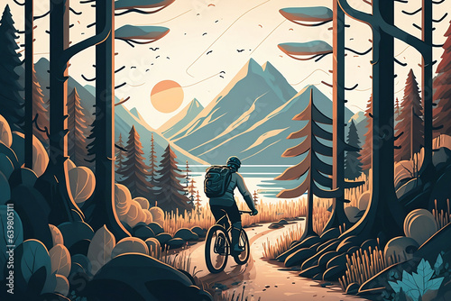  illustration featuring a man exploring a picturesque trail on a mountain bike