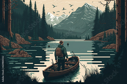 illustration featuring a man exploring a scenic lake by boat