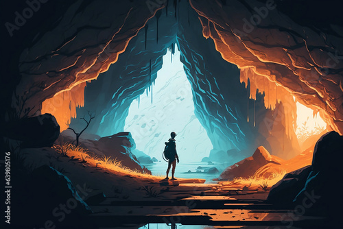 Illustration featuring a man exploring the depths of a mysterious cave