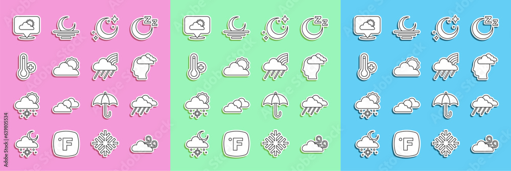 Set line Windy weather, Cloud with rain, Man having headache, Moon and stars, Sun cloud, Meteorology thermometer, Location and Rainbow icon. Vector