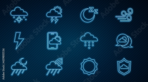 Set line Weather forecast, Location cloud, Time to sleep, Lightning bolt, Cloud with snow, rain and Storm icon. Vector