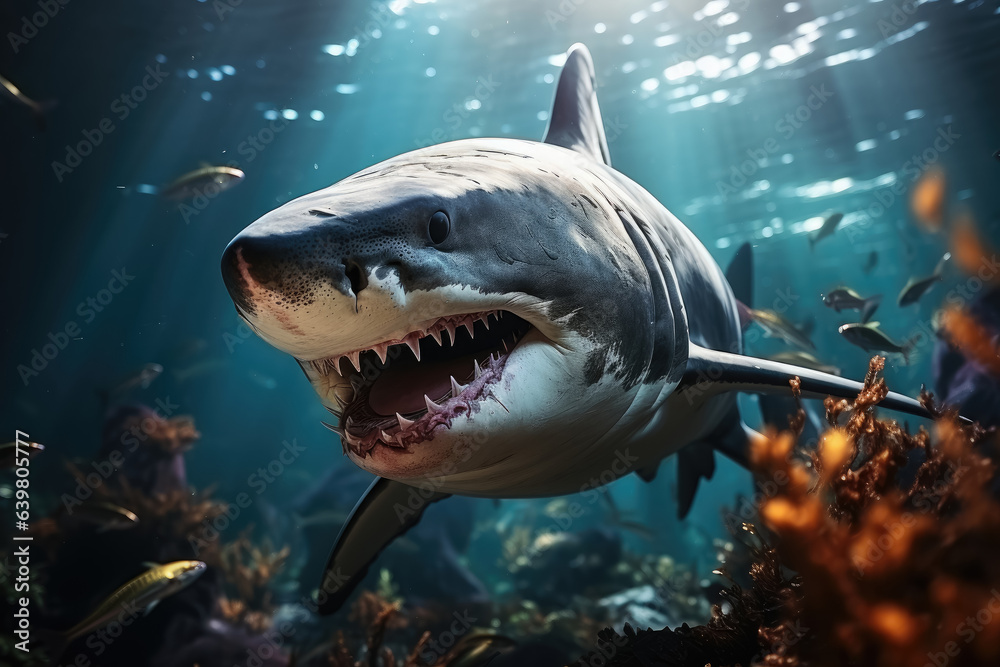 Obraz premium Great White Shark in the under sea , Beautiful Underwater and colorfull coral in wild nature of the Blue Sea Pacific Ocean , Created with Generative Ai Technology