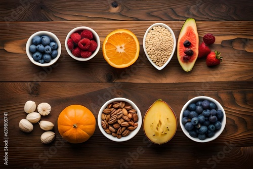 Selection of healthy food. Superfoods, various fruits and assorted berries, nuts and seeds. 