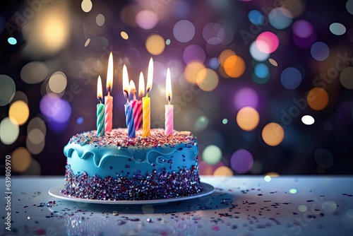 Birthday cake with burning candles on bokeh background, Birthday cake with candles on bokeh background, close up, AI Generated