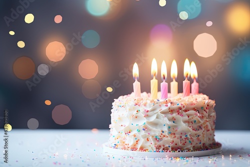 Birthday cake with burning candles on bokeh background  Birthday cake with candles on bokeh background  close up  AI Generated