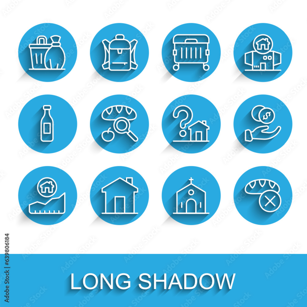 Set line Rising cost of housing, Real estate, Trash can, Church building, Donation food, Searching for, hand with money and House question mark icon. Vector