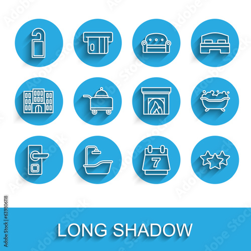 Free Download Set line Digital door lock, Bathtub, Please not disturb, Hotel booking calendar, Stars rating, Covered with tray of food, and Interior fireplace icon. Vector - GFXLoad