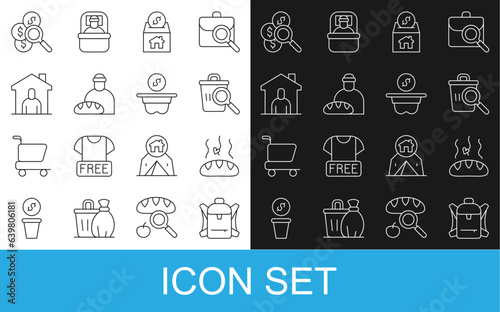 Set line Hiking backpack, Donation food, Searching for, and charity, Feeding the homeless, Shelter, money and icon. Vector