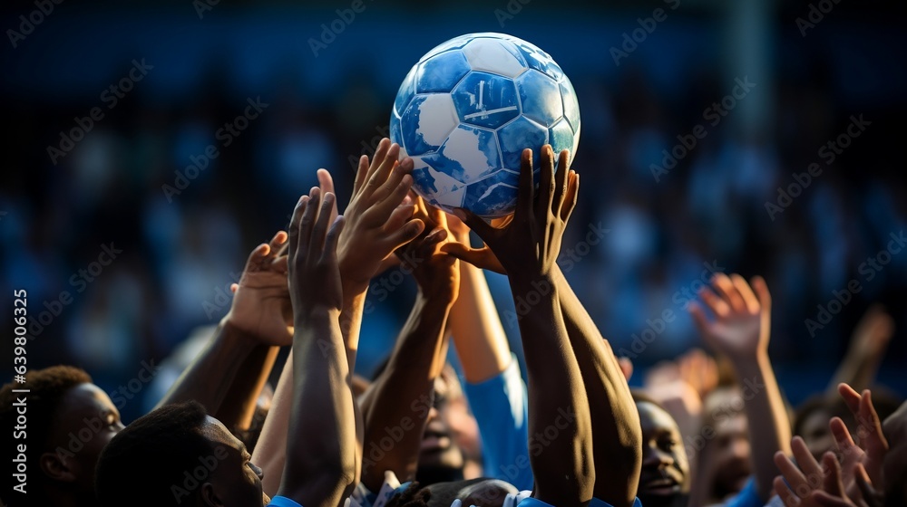 Soccer or football fans cheering for their favorite team with raised hands at the stadium