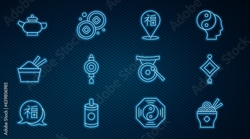 Set line Asian noodles in bowl, Chinese paper lantern, New Year, ice with chopstick, tea ceremony, Gong musical instrument and Yuan currency icon. Vector
