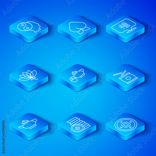 Set line Chinese tea ceremony, Yuan currency, drum, New Year, Lotus flower, Yin Yang symbol and icon. Vector