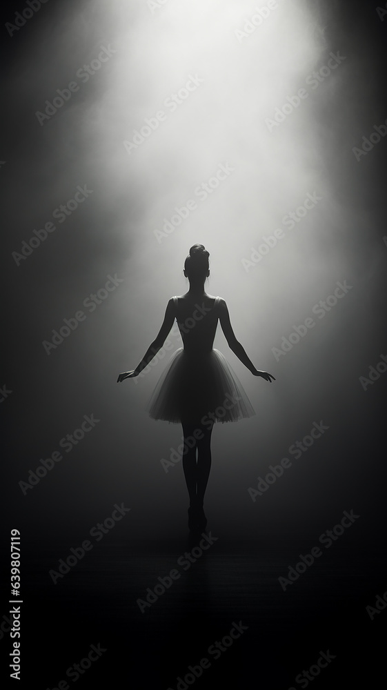 vertical portrait silhouette of a ballerina dancing in smoke stage light loneliness and dancing