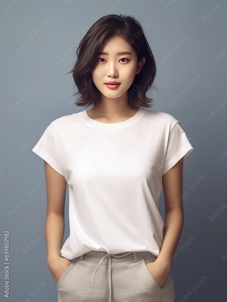 Fototapeta premium Portrait of a beautiful asian woman in white t-shirt. generative ai 