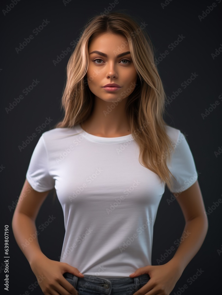 Beautiful young woman in blank white t-shirt. generative ai Beautiful young woman in blank white t-shirt. generative ai