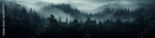 a long narrow panorama of a coniferous northern forest in the fog of an autumn day  a landscape of wildlife