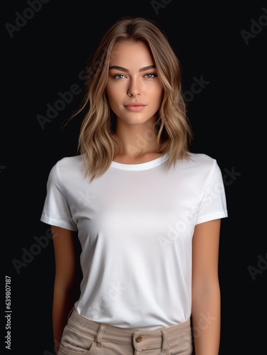 Beautiful young woman in blank white t-shirt. generative ai 