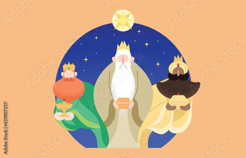 Fototapet Three biblical kings wise men cartoon vector illustration