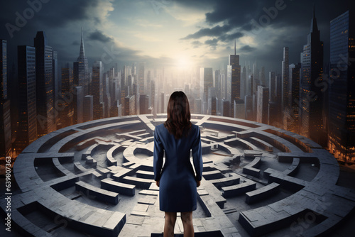 businesswoman standing, 3d roads chaos, leadership strategy, city ​​view backdrop
