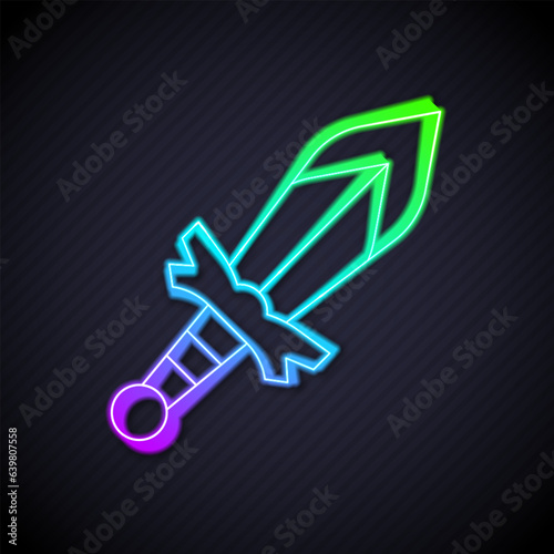 Glowing neon line Medieval sword icon isolated on black background. Medieval weapon. Vector