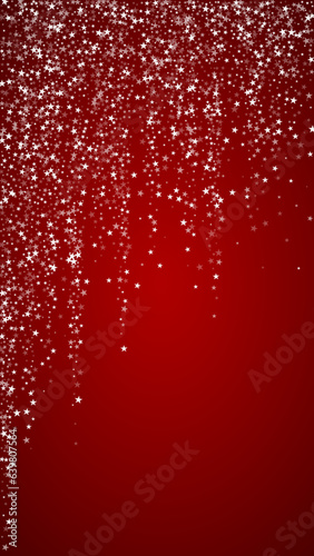 Beautiful snowfall christmas background. Subtle flying snow flakes and stars on christmas red background. Beautiful snowfall overlay template. Vertical vector illustration.