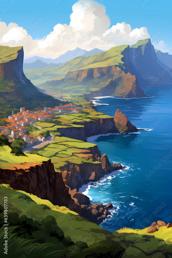 Illustration of a beautiful view of a tropical island