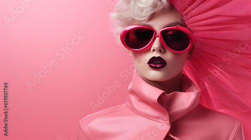 Pink high fashion portrait with empty copy space on the side. Generative AI.  © s1llu