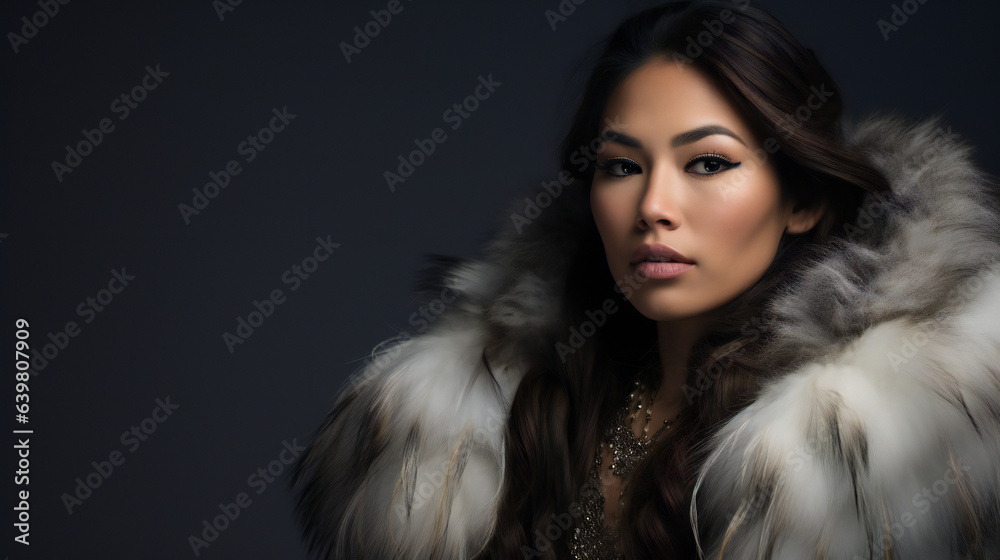 Alaska Native high fashion portrait with empty copy space on the side. Generative AI. Alaska Native high fashion portrait with empty copy space on the side. Generative AI.