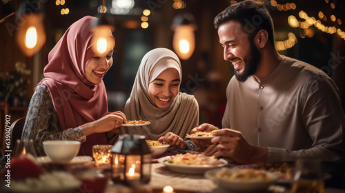 Asian Muslim beautiful woman family making iftar dua to break fasting during Ramadan photo