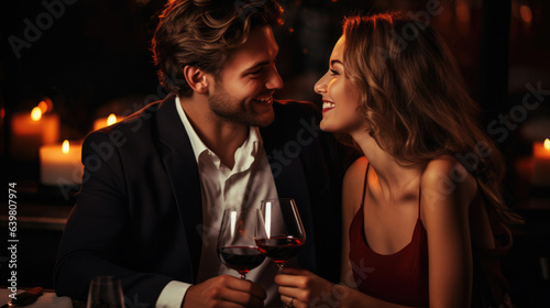 Beautiful young couple with glasses of red wine in luxury restaurant