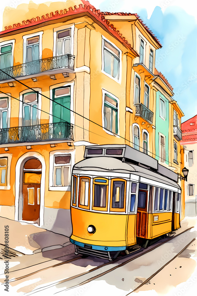 Illustration of a portuguese city with a tram, Portugal