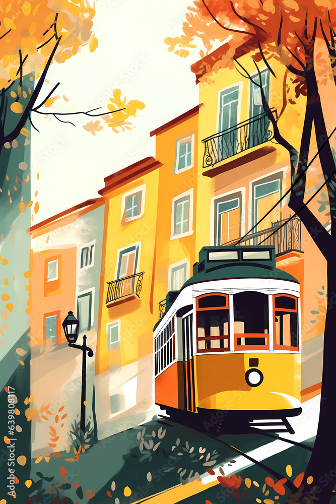 Illustration of a portuguese city with a tram, Portugal