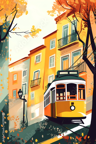 Obraz na płótnie Illustration of a portuguese city with a tram, Portugal w salonie