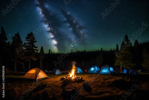 a campsite nestled beneath a twinkling  star-filled night sky  with a crackling campfire casting a warm glow