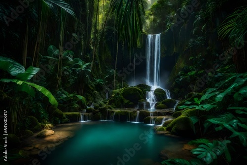 a hidden waterfall oasis in the heart of a dense, vibrant jungle, conveying the thrill of uncovering hidden gems