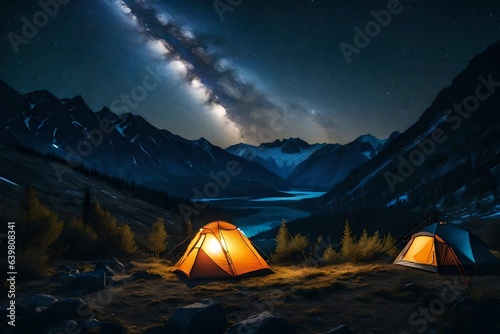a cozy tent pitched against the backdrop of towering mountains  with a clear night sky adorned with stars above