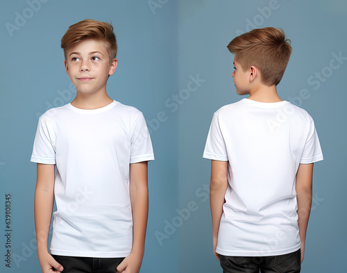 Front and back views of a little boy wearing a white T-shirt