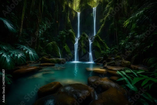 a hidden waterfall oasis in the heart of a dense, vibrant jungle, conveying the thrill of uncovering hidden gems