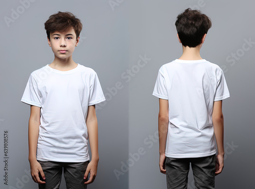 Front and back views of a little boy wearing a white T-shirt