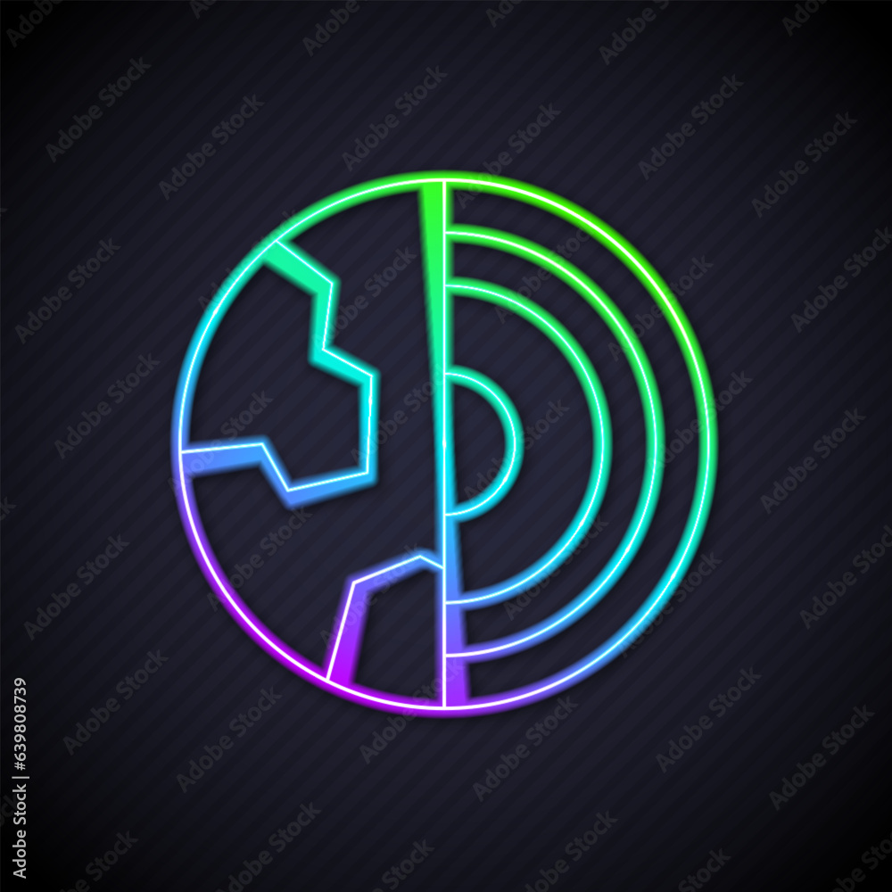 Glowing neon line Earth core structure crust icon isolated on black background. Vector Glowing neon line Earth core structure crust icon isolated on black background. Vector