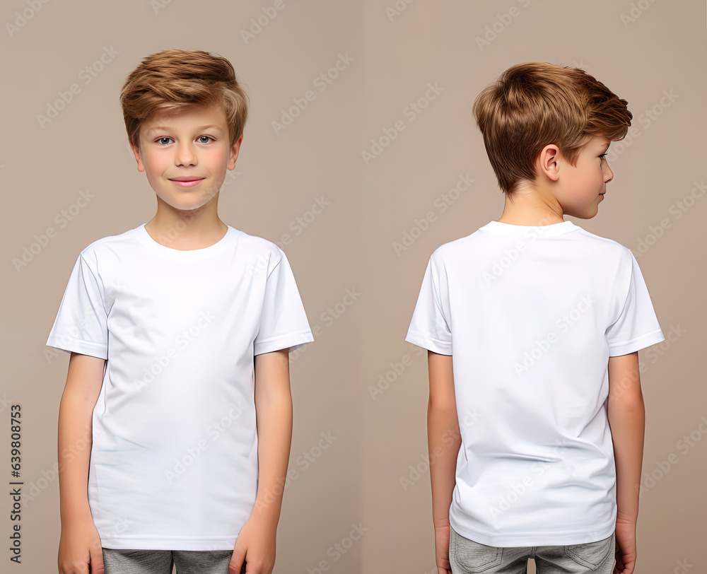 Front and back views of a little boy wearing a white T-shirt Front and back views of a little boy wearing a white T-shirt