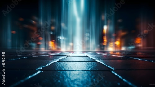 Light effect, blurred background. Wet asphalt, night view of the city, neon reflections on the concrete floor. Night empty stage, studio. Dark abstract background, dark empty street. AI generative