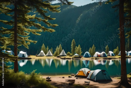 a campsite overlooking a tranquil lake  with tents set up on the shore