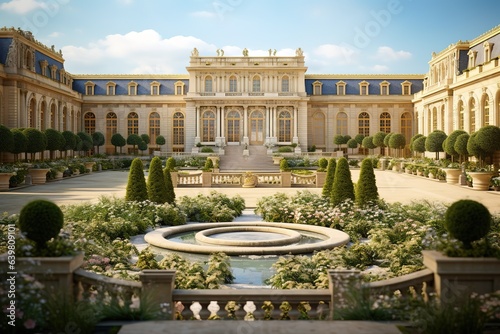 Garden and facade of the palace of versailles. Beautiful gardens outdoors near Paris, France. The Palace Versailles was a royal chateau and was added to the UNESCO list. Generative AI