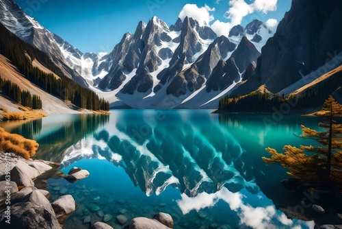 a pristine alpine lake surrounded by towering peaks  with the mirror-like surface of the water reflecting the breathtaking scenery.