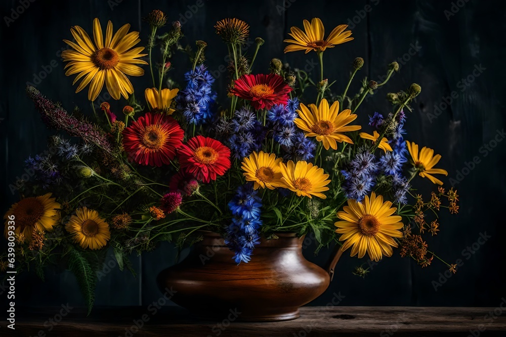 A vibrant and diverse bouquet of wildflowers in a rustic vase