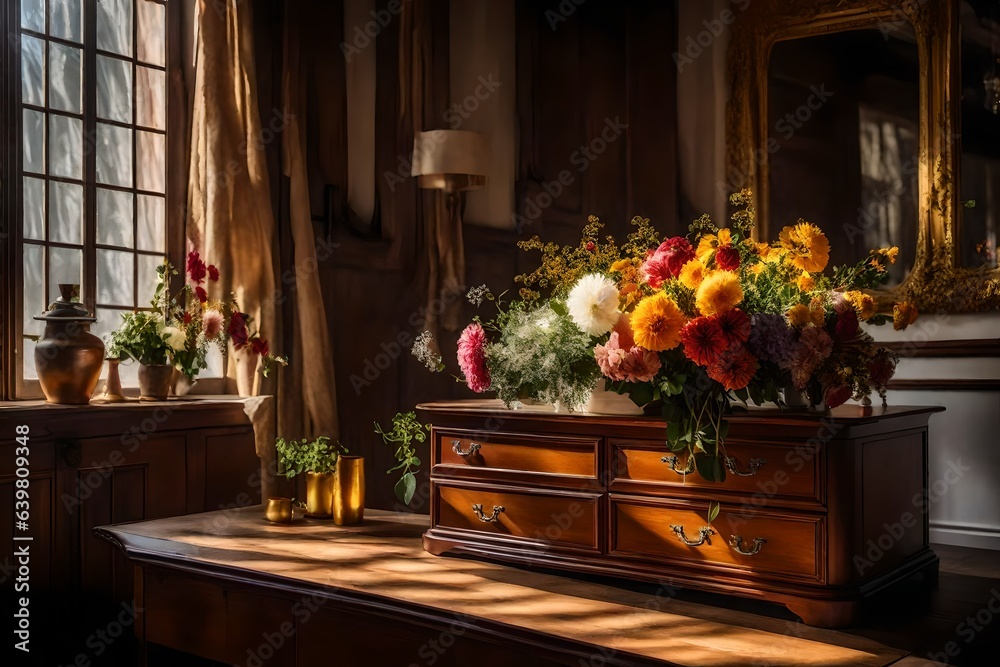 A sunlit room with a cascading flower bouquet on a vintage wooden dresser