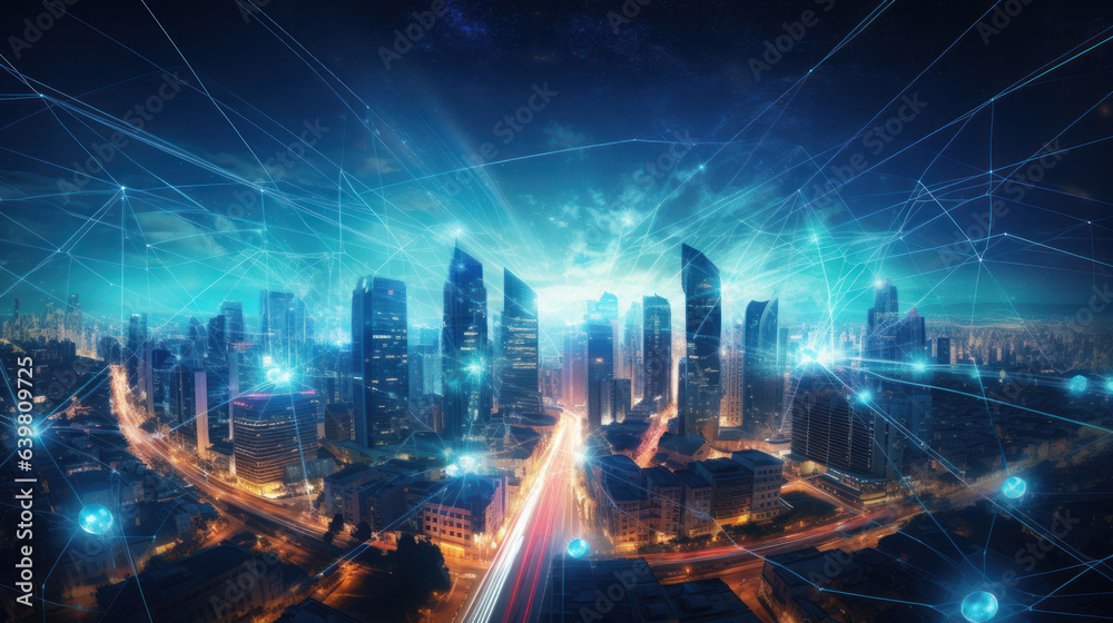 5G. internet of thing, global media link connecting on night city background, communication, networking, smart city, business, network connection and technology concept, Generative AI