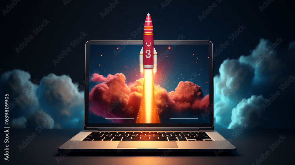 rocket laptop start speed 3d technology - obrazy, fototapety, plakaty 