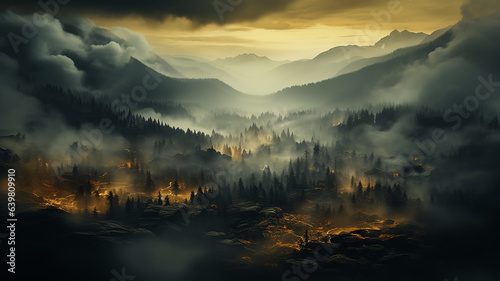 nature landscape drone view, autumn forest mountains and stream misty evening sunset