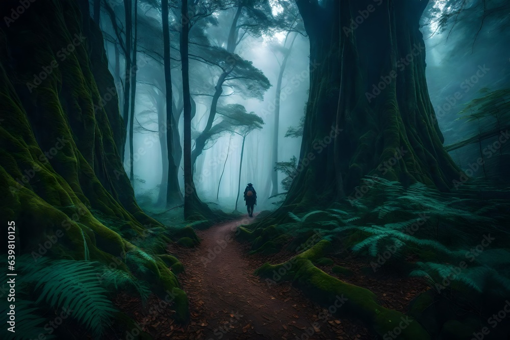 a lone explorer amidst ancient trees and misty pathways, capturing the enchantment of a forest expedition